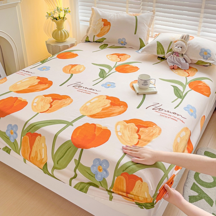 91家纺网 家纺一手货源 找家纺 文黛家居 2025新款时尚印花亲肤床笠单床笠 郁金香-绿