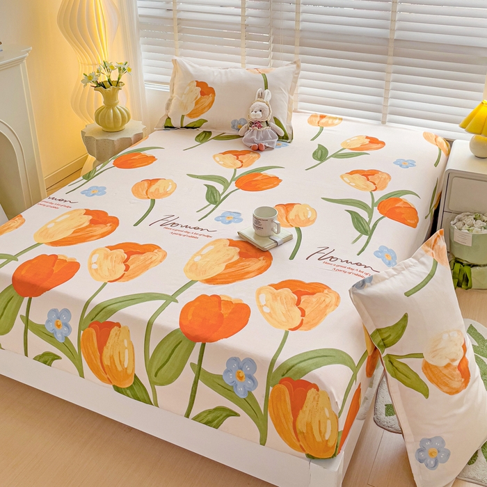 91家纺网 家纺一手货源 找家纺 文黛家居 2025新款时尚印花亲肤床笠单床笠 郁金香-绿