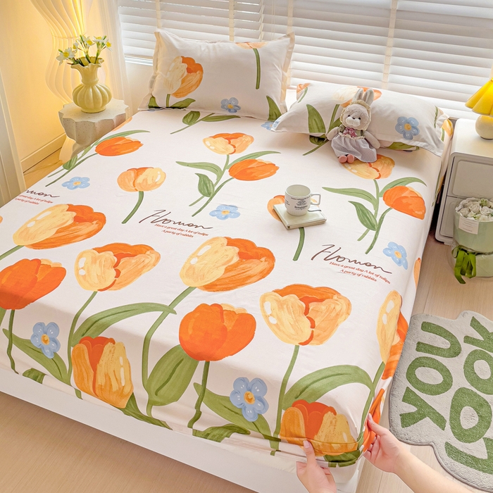 91家纺网 家纺一手货源 找家纺 文黛家居 2025新款时尚印花亲肤床笠单床笠 郁金香-绿