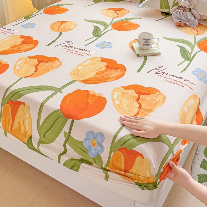 91家纺网 家纺一手货源 找家纺 文黛家居 2025新款时尚印花亲肤床笠单床笠 郁金香-绿