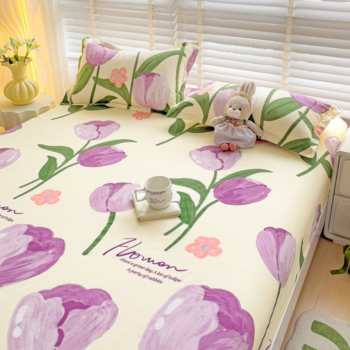 91家纺网 家纺一手货源 找家纺 文黛家居 2025新款时尚印花亲肤床笠单床笠 郁金香-紫