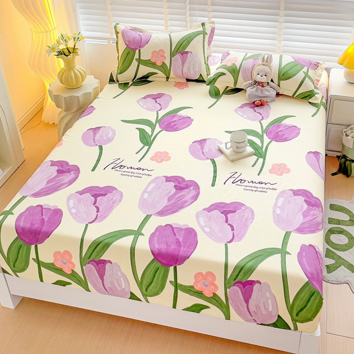 91家纺网 家纺一手货源 找家纺 文黛家居 2025新款时尚印花亲肤床笠单床笠 郁金香-紫