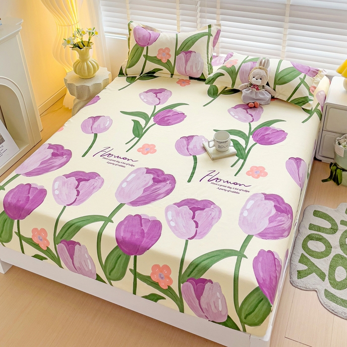 91家纺网 家纺一手货源 找家纺 文黛家居 2025新款时尚印花亲肤床笠单床笠 郁金香-紫