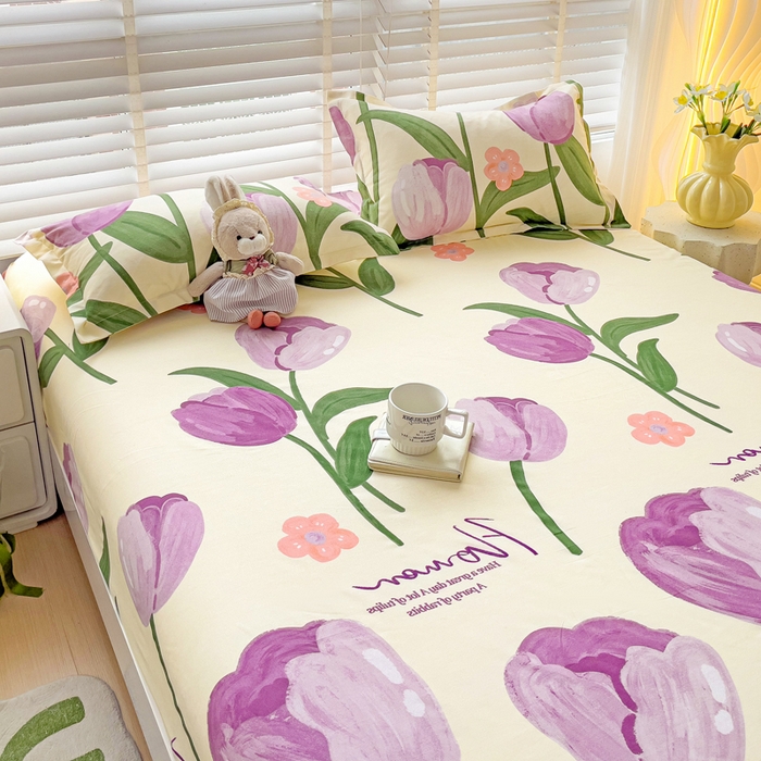 91家纺网 家纺一手货源 找家纺 文黛家居 2025新款时尚印花亲肤床笠单床笠 郁金香-紫