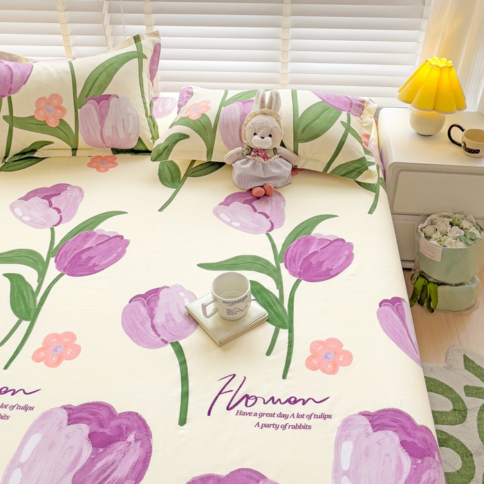 91家纺网 家纺一手货源 找家纺 文黛家居 2025新款时尚印花亲肤床笠单床笠 郁金香-紫