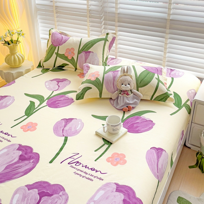 91家纺网 家纺一手货源 找家纺 文黛家居 2025新款时尚印花亲肤床笠单床笠 郁金香-紫