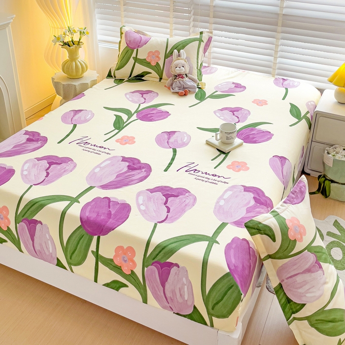 91家纺网 家纺一手货源 找家纺 文黛家居 2025新款时尚印花亲肤床笠单床笠 郁金香-紫