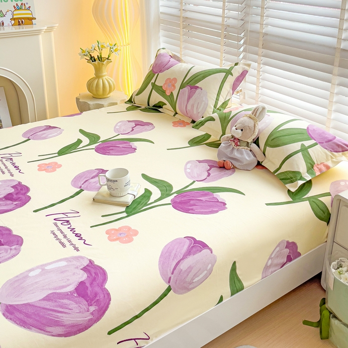 91家纺网 家纺一手货源 找家纺 文黛家居 2025新款时尚印花亲肤床笠单床笠 郁金香-紫