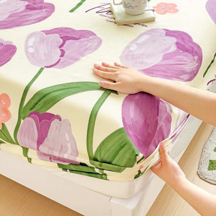 91家纺网 家纺一手货源 找家纺 文黛家居 2025新款时尚印花亲肤床笠单床笠 郁金香-紫