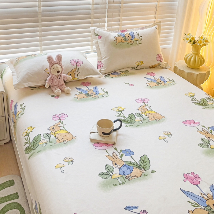 91家纺网 家纺一手货源 找家纺 文黛家居 2025新款时尚印花亲肤床笠单床笠 园林兔