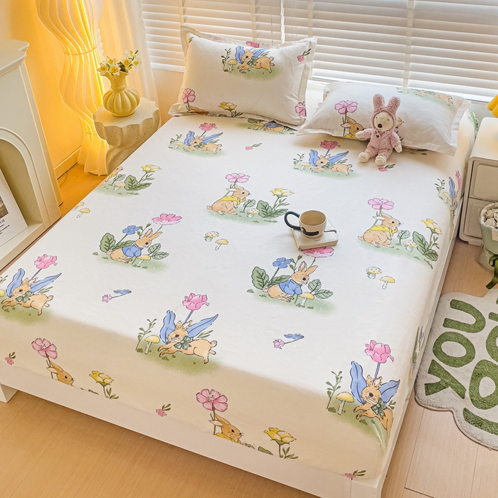 91家纺网 家纺一手货源 找家纺 文黛家居 2025新款时尚印花亲肤床笠单床笠 园林兔