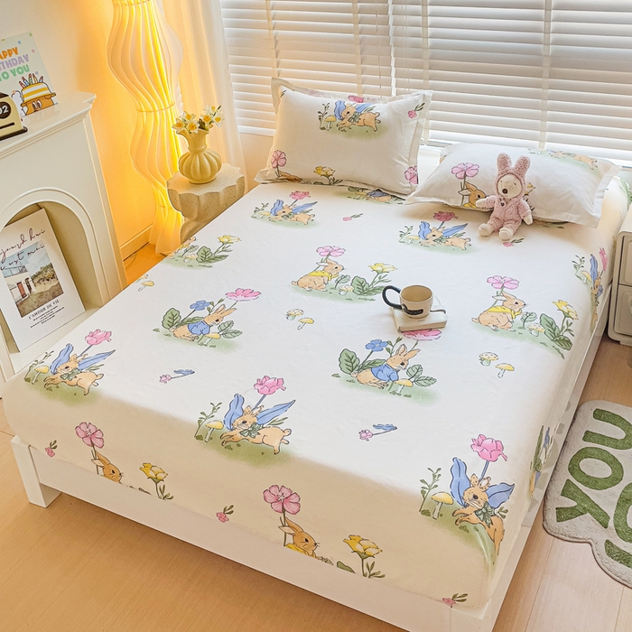 91家纺网 家纺一手货源 找家纺 文黛家居 2025新款时尚印花亲肤床笠单床笠 园林兔