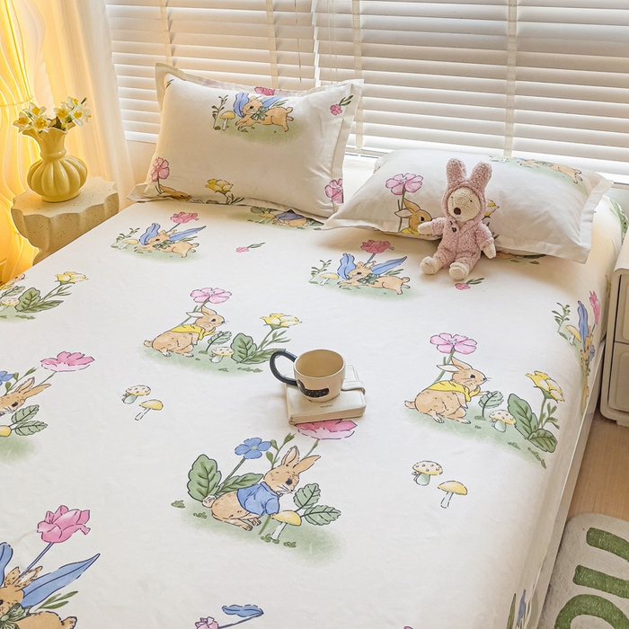 91家纺网 家纺一手货源 找家纺 文黛家居 2025新款时尚印花亲肤床笠单床笠 园林兔