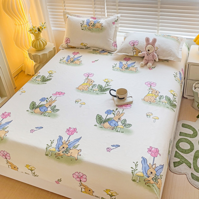 91家纺网 家纺一手货源 找家纺 文黛家居 2025新款时尚印花亲肤床笠单床笠 园林兔