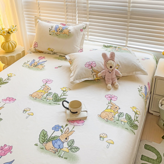 91家纺网 家纺一手货源 找家纺 文黛家居 2025新款时尚印花亲肤床笠单床笠 园林兔