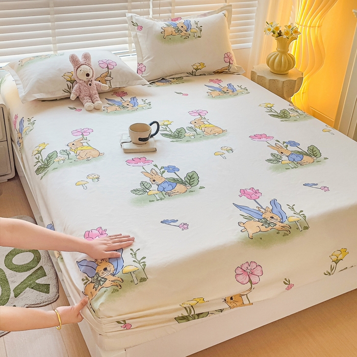 91家纺网 家纺一手货源 找家纺 文黛家居 2025新款时尚印花亲肤床笠单床笠 园林兔