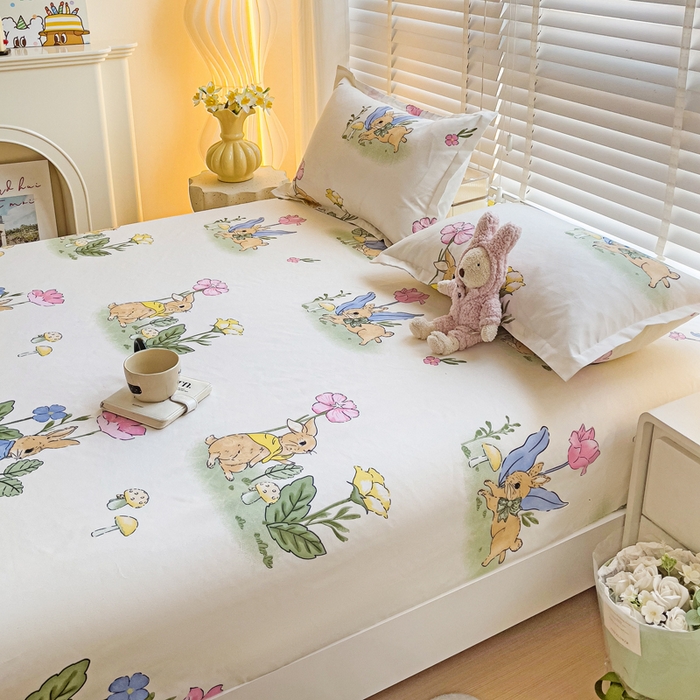 91家纺网 家纺一手货源 找家纺 文黛家居 2025新款时尚印花亲肤床笠单床笠 园林兔