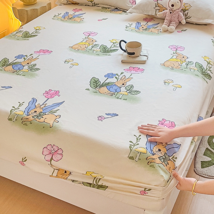 91家纺网 家纺一手货源 找家纺 文黛家居 2025新款时尚印花亲肤床笠单床笠 园林兔