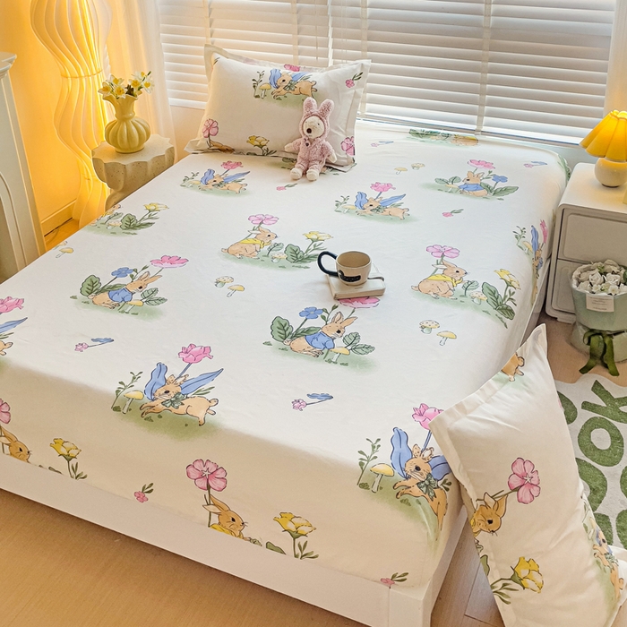 91家纺网 家纺一手货源 找家纺 文黛家居 2025新款时尚印花亲肤床笠单床笠 园林兔