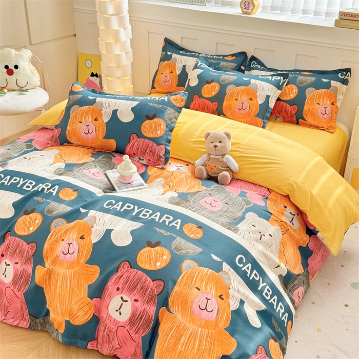 91家纺网 家纺一手货源 找家纺 佑泽家纺 2025活性印花芦荟棉四件套 熊熊世界