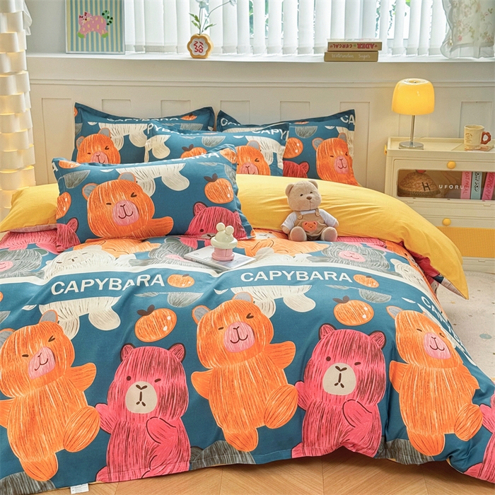 91家纺网 家纺一手货源 找家纺 佑泽家纺 2025活性印花芦荟棉四件套 熊熊世界