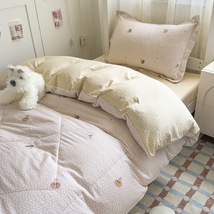 91家纺网 家纺一手货源 找家纺 帕拉美拉 2025新款多功能夏被款被套学生上下铺宿舍三件套被芯六件套菇菇物语-粉