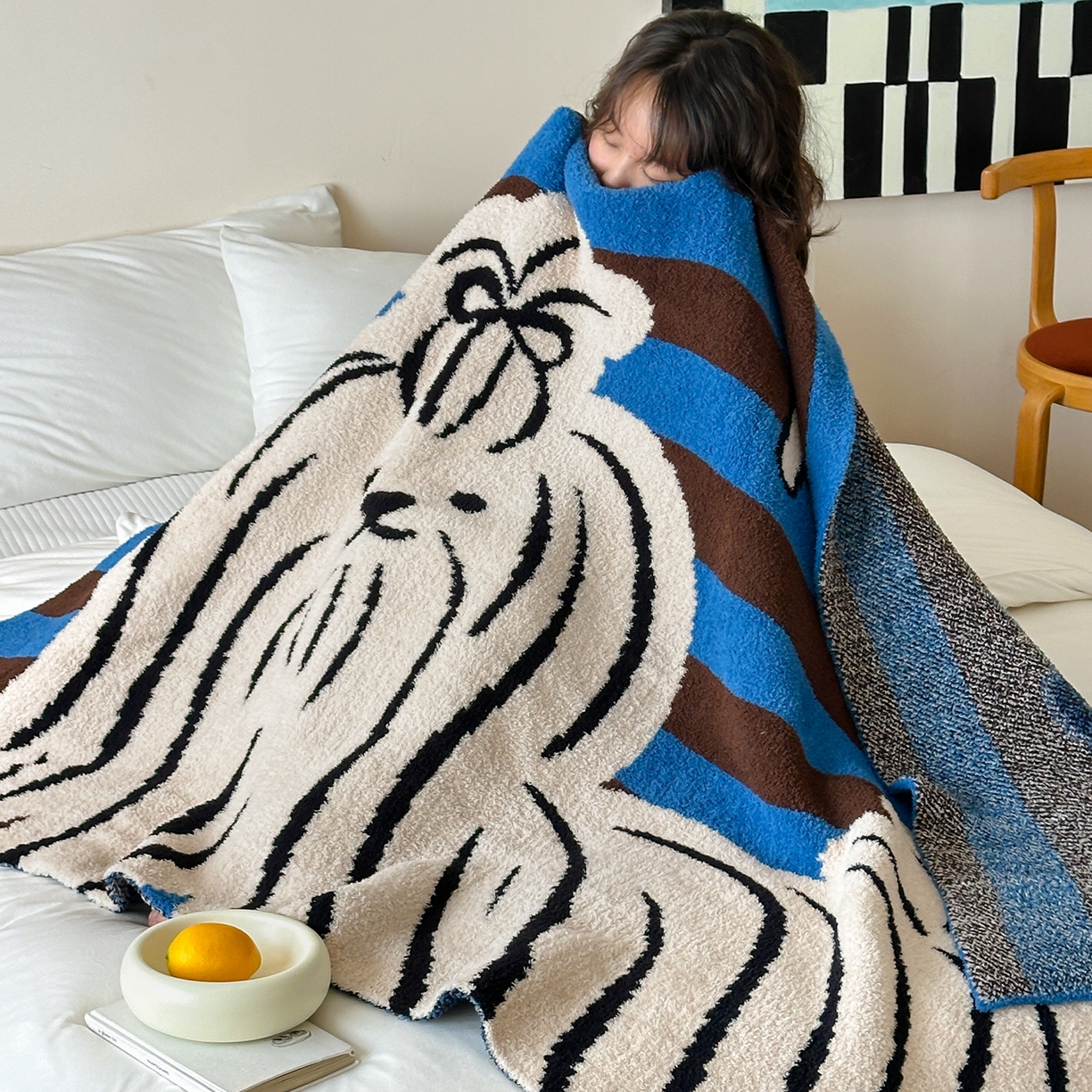 91家纺网 家纺一手货源 找家纺 RYB红黄兰 2025新款设计师原创多功能针织半边绒毛毯午休毯盖毯加厚毯子毛毯毯子 蓝条哈基米