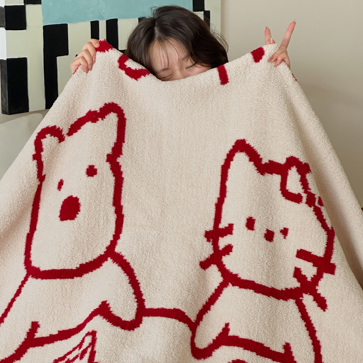 91家纺网 家纺一手货源 找家纺 RYB红黄兰 2025新款设计师原创多功能针织半边绒毛毯午休毯盖毯加厚毯子毛毯毯子 暖暖下午茶