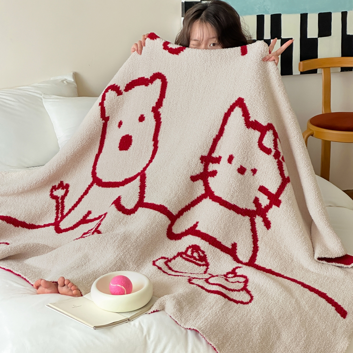 91家纺网 家纺一手货源 找家纺 RYB红黄兰 2025新款设计师原创多功能针织半边绒毛毯午休毯盖毯加厚毯子毛毯毯子 暖暖下午茶