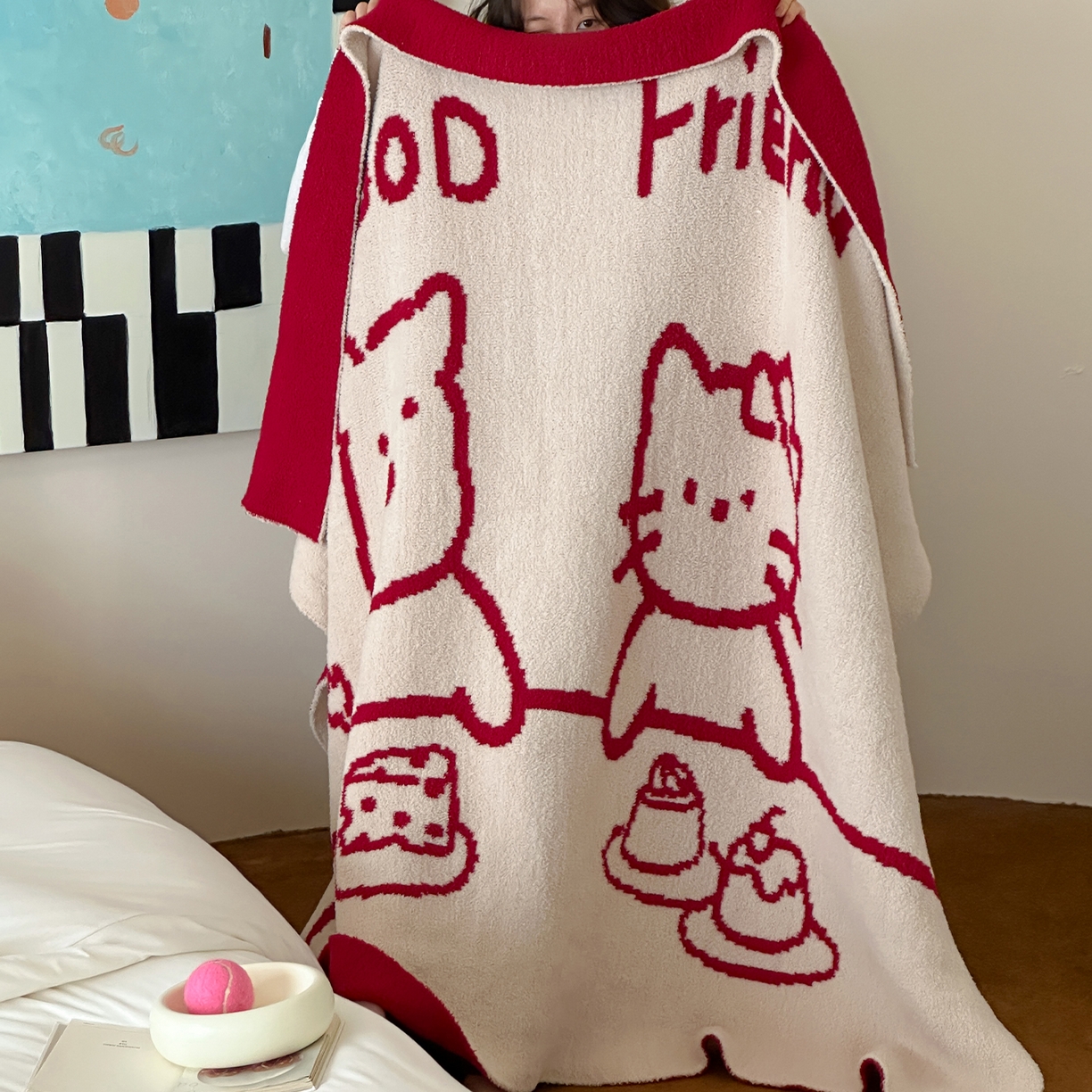 91家纺网 家纺一手货源 找家纺 RYB红黄兰 2025新款设计师原创多功能针织半边绒毛毯午休毯盖毯加厚毯子毛毯毯子 暖暖下午茶