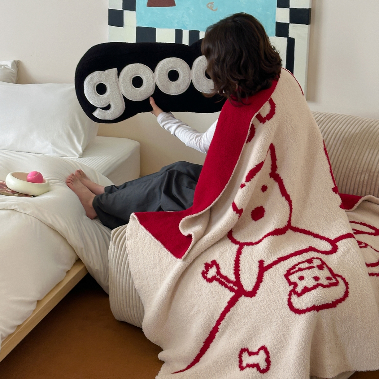 91家纺网 家纺一手货源 找家纺 RYB红黄兰 2025新款设计师原创多功能针织半边绒毛毯午休毯盖毯加厚毯子毛毯毯子 暖暖下午茶