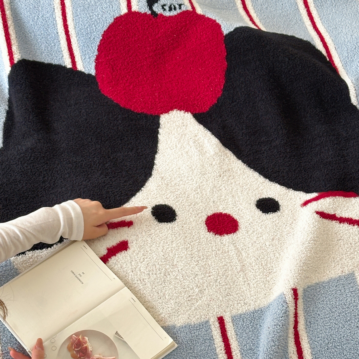 91家纺网 家纺一手货源 找家纺 RYB红黄兰 2025新款设计师原创多功能针织半边绒毛毯午休毯盖毯加厚毯子毛毯毯子 苹果小黑猫