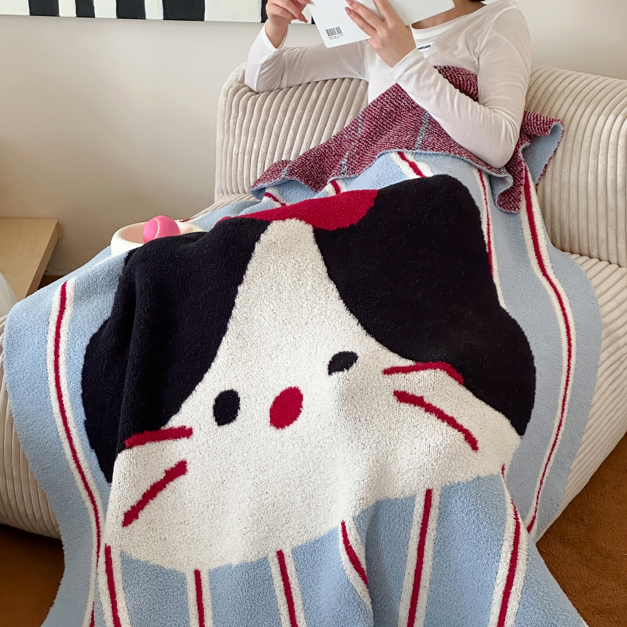 91家纺网 家纺一手货源 找家纺 RYB红黄兰 2025新款设计师原创多功能针织半边绒毛毯午休毯盖毯加厚毯子毛毯毯子 苹果小黑猫