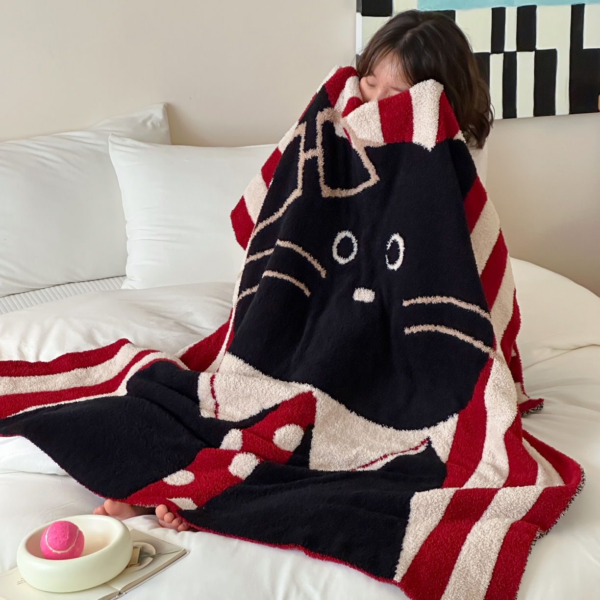 RYB红黄兰 2025新款设计师原创多功能针织半边绒毛毯午休毯盖毯加厚毯子毛毯毯子 圣诞猫先生