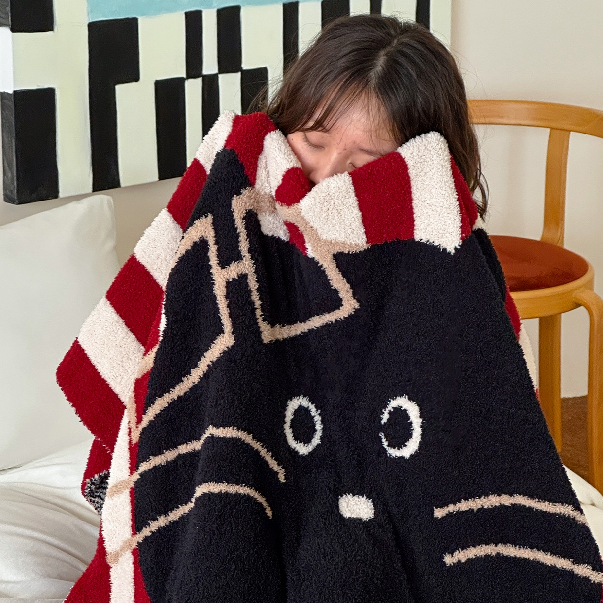 91家纺网 家纺一手货源 找家纺 RYB红黄兰 2025新款设计师原创多功能针织半边绒毛毯午休毯盖毯加厚毯子毛毯毯子 圣诞猫先生