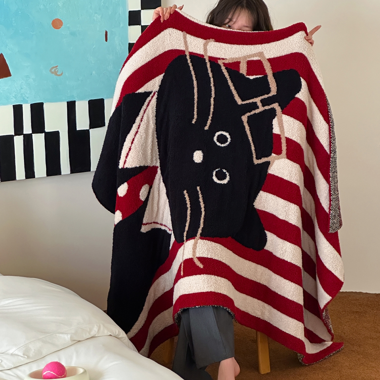 91家纺网 家纺一手货源 找家纺 RYB红黄兰 2025新款设计师原创多功能针织半边绒毛毯午休毯盖毯加厚毯子毛毯毯子 圣诞猫先生