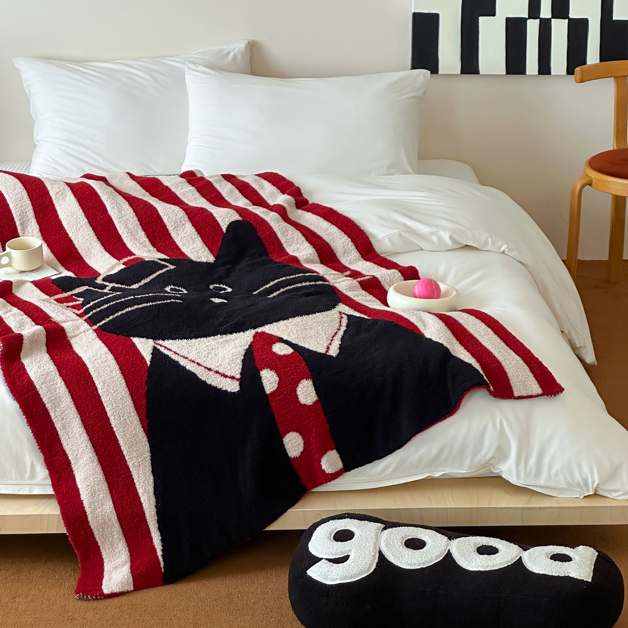 91家纺网 家纺一手货源 找家纺 RYB红黄兰 2025新款设计师原创多功能针织半边绒毛毯午休毯盖毯加厚毯子毛毯毯子 圣诞猫先生