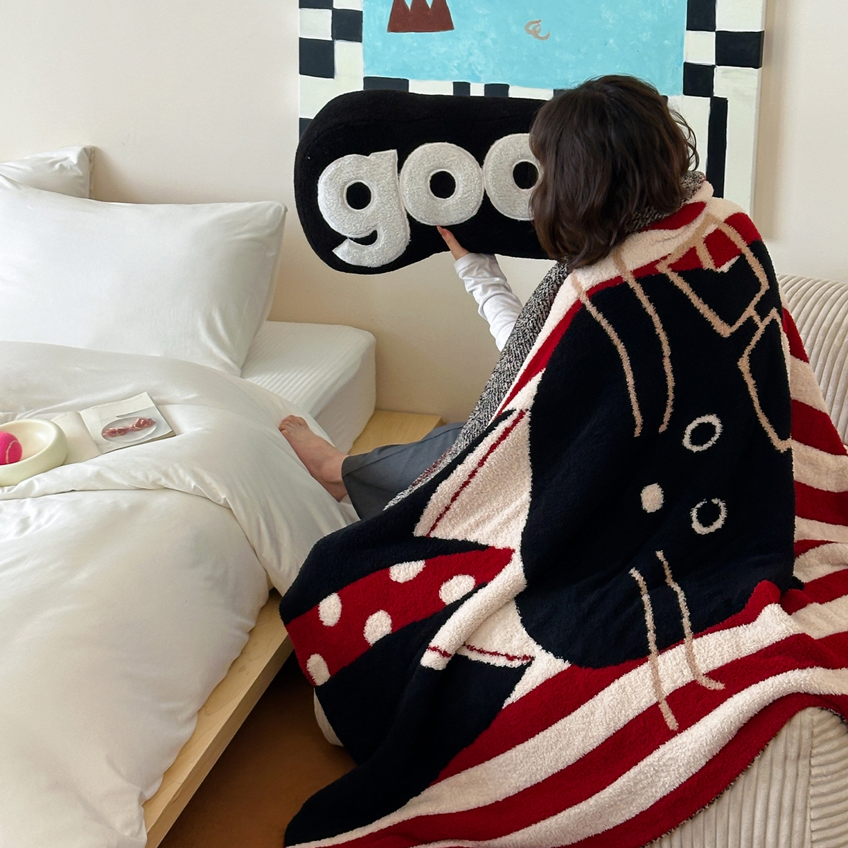 91家纺网 家纺一手货源 找家纺 RYB红黄兰 2025新款设计师原创多功能针织半边绒毛毯午休毯盖毯加厚毯子毛毯毯子 圣诞猫先生