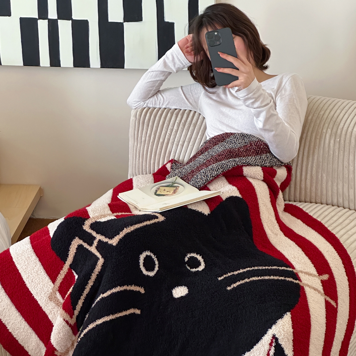 91家纺网 家纺一手货源 找家纺 RYB红黄兰 2025新款设计师原创多功能针织半边绒毛毯午休毯盖毯加厚毯子毛毯毯子 圣诞猫先生