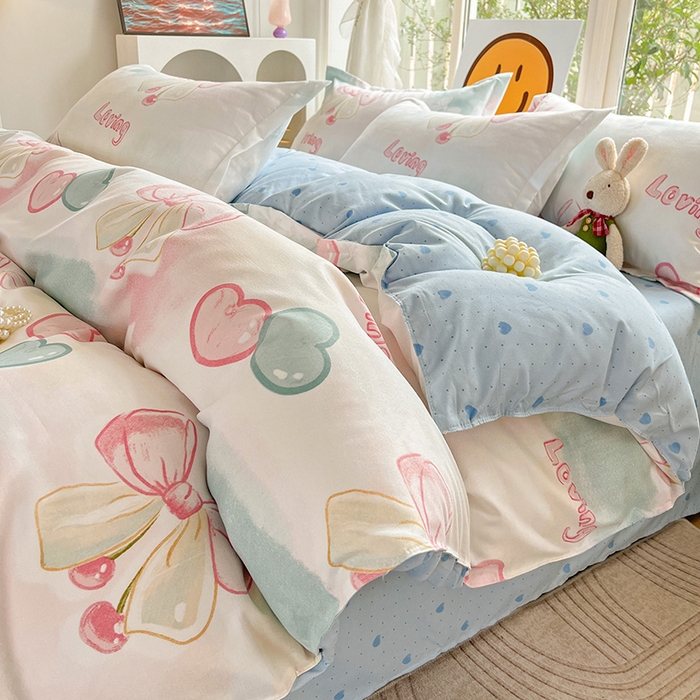 91家纺网 家纺一手货源 找家纺 文黛家居 2025新款植物羊绒小版花四件套 爱心蝴蝶结