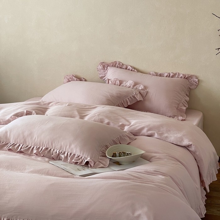 91家纺网 家纺一手货源 找家纺 三味舒屋2025新款花边美学-全棉双层纱四件套 粉茶花