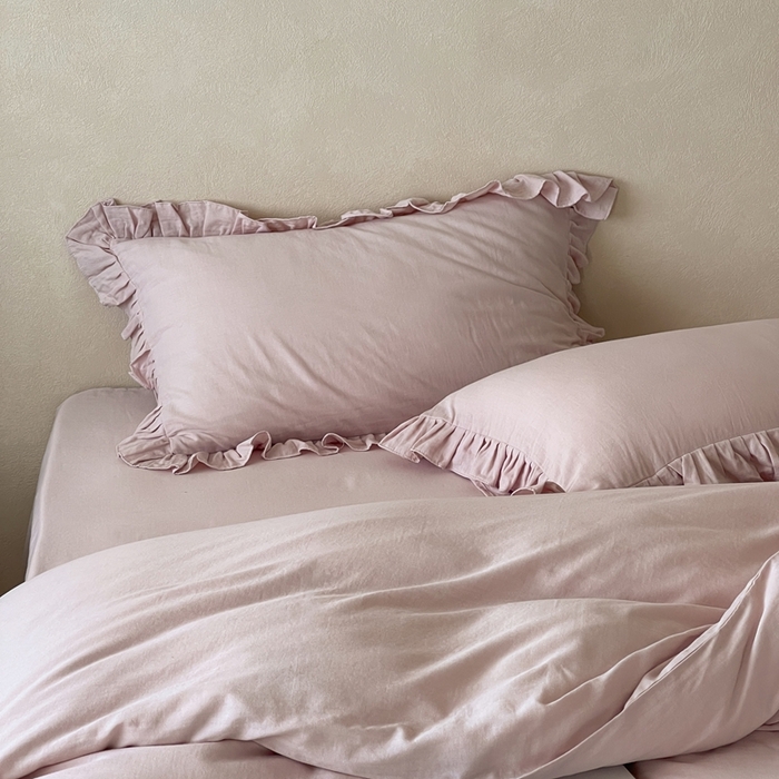 91家纺网 家纺一手货源 找家纺 三味舒屋2025新款花边美学-全棉双层纱四件套 粉茶花