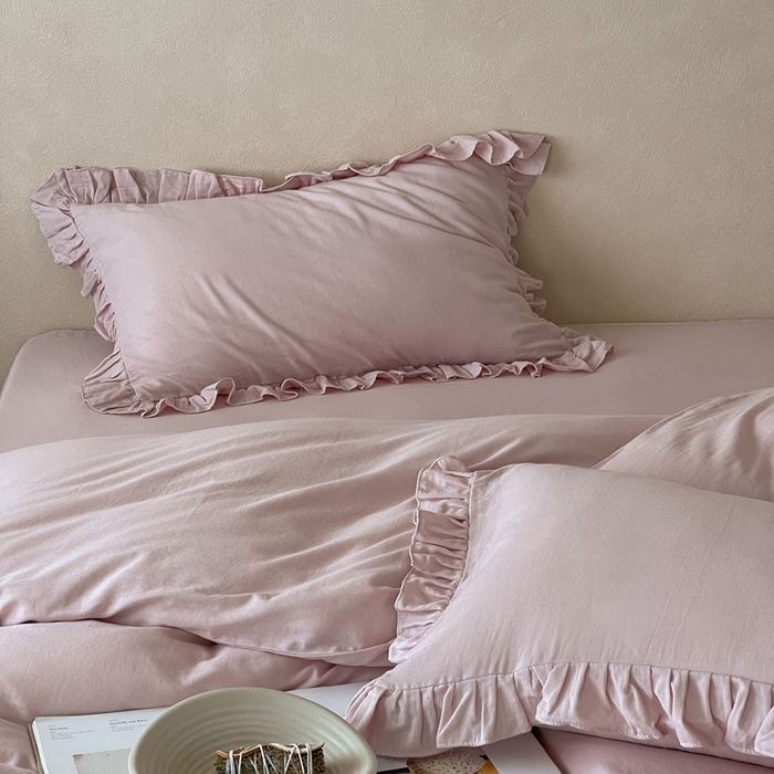 91家纺网 家纺一手货源 找家纺 三味舒屋2025新款花边美学-全棉双层纱四件套 粉茶花