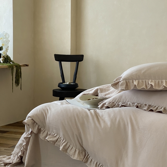 91家纺网 家纺一手货源 找家纺 三味舒屋2025新款花边美学-全棉双层纱四件套 复古棕