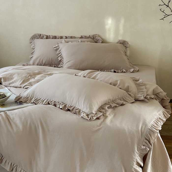 91家纺网 家纺一手货源 找家纺 三味舒屋2025新款花边美学-全棉双层纱四件套 复古棕