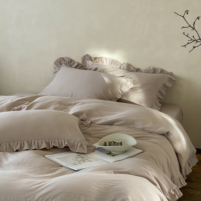 91家纺网 家纺一手货源 找家纺 三味舒屋2025新款花边美学-全棉双层纱四件套 复古棕