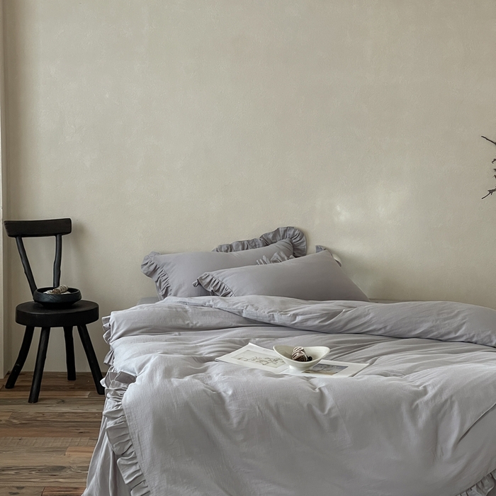 91家纺网 家纺一手货源 找家纺 三味舒屋2025新款花边美学-全棉双层纱四件套 浅花灰