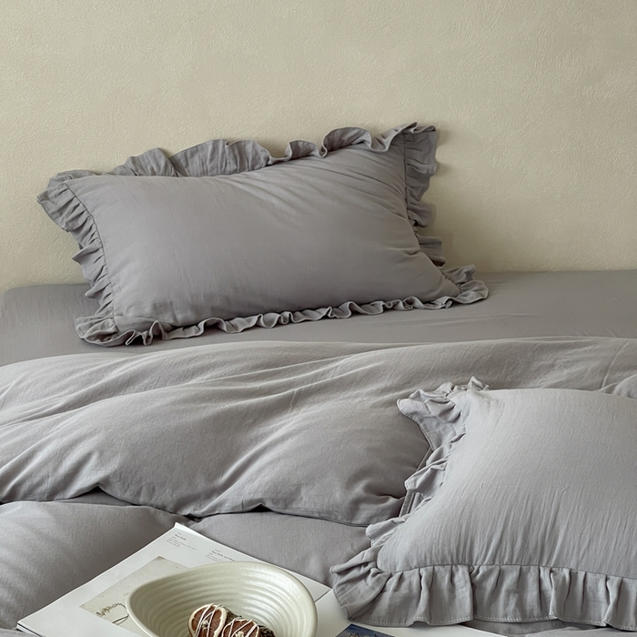 91家纺网 家纺一手货源 找家纺 三味舒屋2025新款花边美学-全棉双层纱四件套 浅花灰