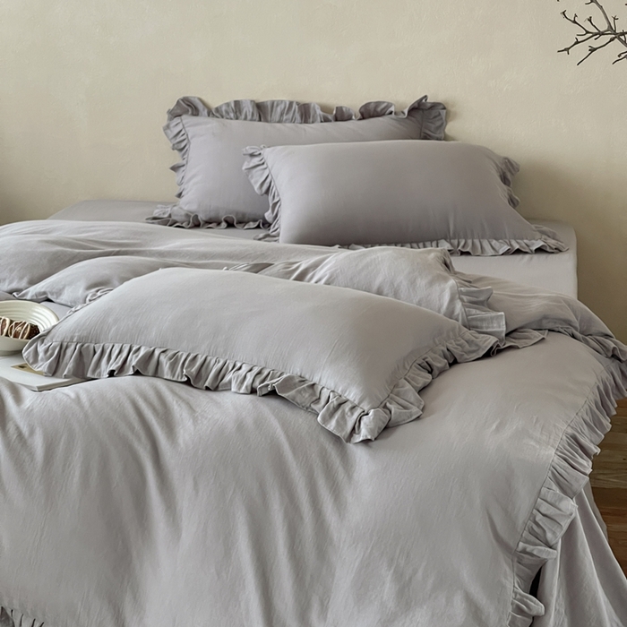 91家纺网 家纺一手货源 找家纺 三味舒屋2025新款花边美学-全棉双层纱四件套 浅花灰