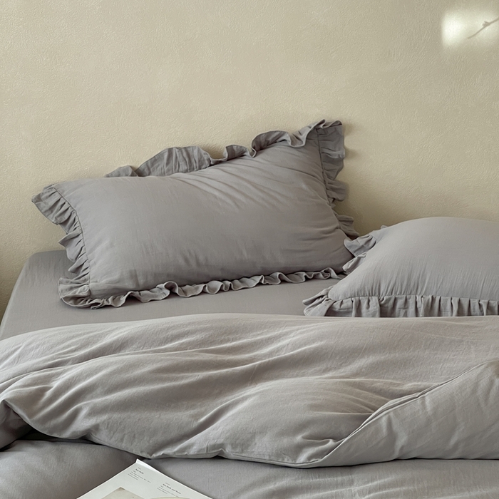 91家纺网 家纺一手货源 找家纺 三味舒屋2025新款花边美学-全棉双层纱四件套 浅花灰